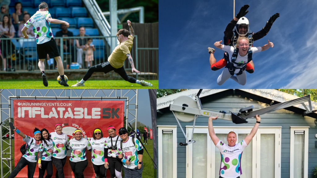 1) Charity football natch 2) Female skydiving 3) Frimley Park Hospital's Renal team at the Inflatable 5K challenge 4) A fundraiser lifting a rowing machine