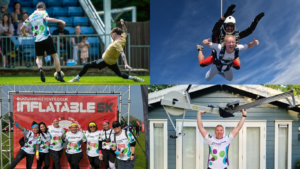 1) Charity football natch 2) Female skydiving 3) Frimley Park Hospital's Renal team at the Inflatable 5K challenge 4) A fundraiser lifting a rowing machine